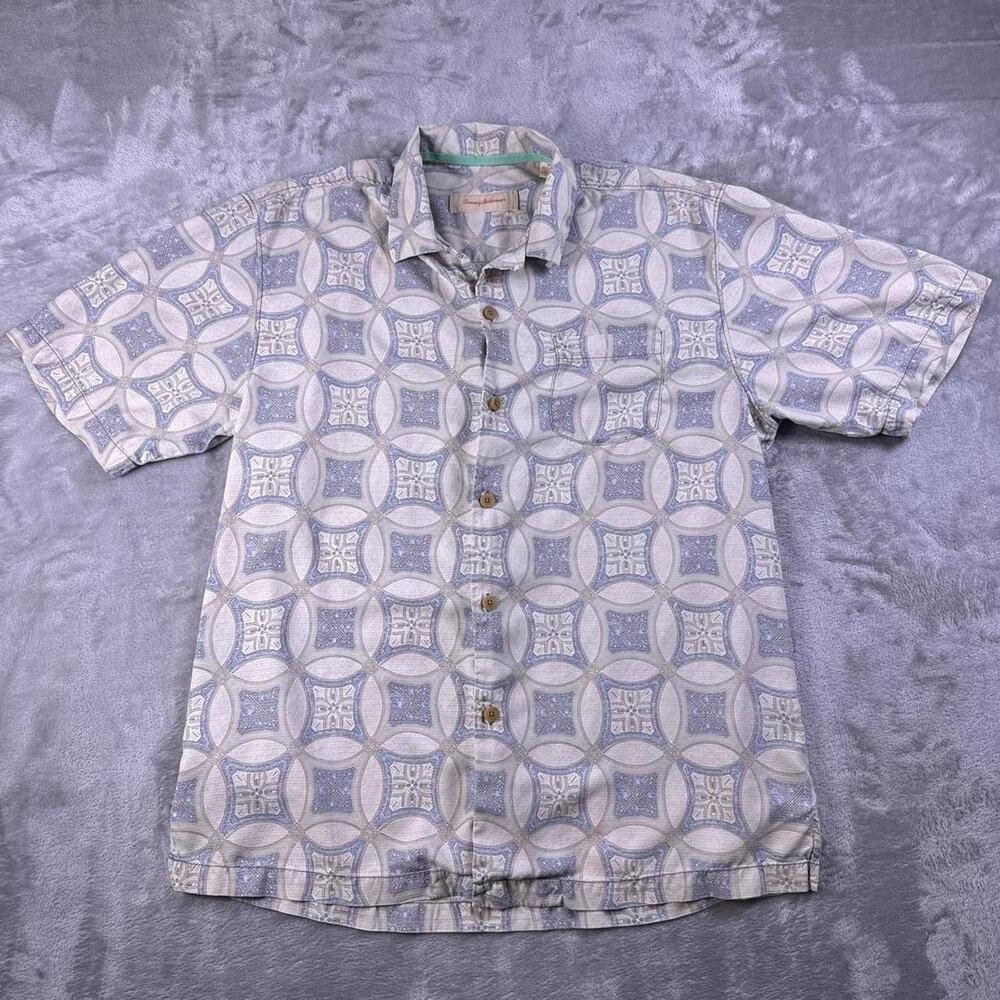 Tommy Bahama Men’s M Silk Shirt Blue Geometric Medallion Print Button Up